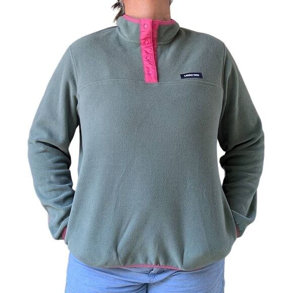 LANDS' END Green Olive Snap Heritage Fleece Pullover Sweatshirt Size L Pockets - Picture 1 of 5